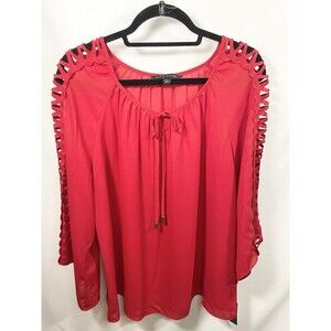 Zach & Rachel top 3/4 sleeve sz L pink open lattice detail keyhole ribbon tie